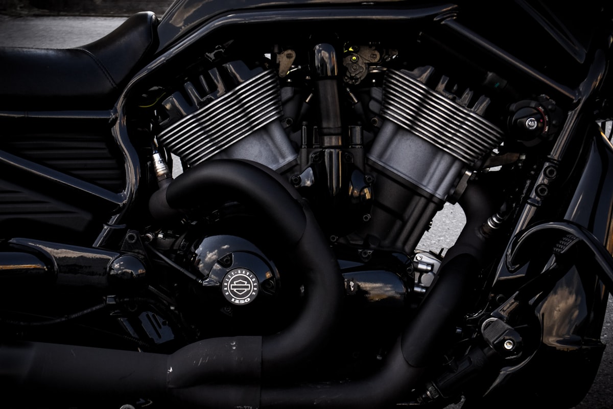 Close-up of a V-twin motorcycle engine and exhaust headers